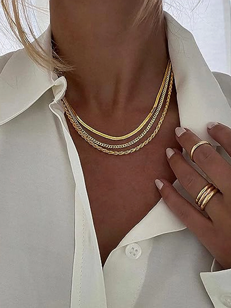 3pcs Stainless Steel Fashion Women's Herringbone Necklace Delicate Platinum Necklace