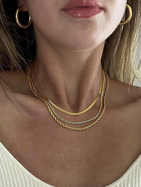 3pcs Stainless Steel Fashion Women's Herringbone Necklace Delicate Platinum Necklace - Image 2