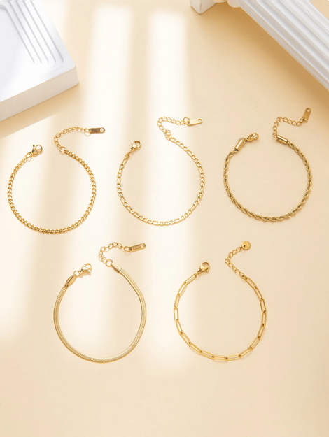 5pcs 14K Gold Plated Stainless Steel Fashion Braided Chain Snake Chain Pearl Chain Bracelets - Image 3
