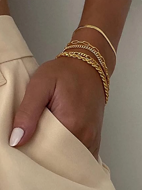 5pcs 14K Gold Plated Stainless Steel Fashion Braided Chain Snake Chain Pearl Chain Bracelets - Image 2