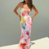 Aloruh Women's Pink Floral Watercolor Ombre Gradient Print Backless Halter Maxi Dress
