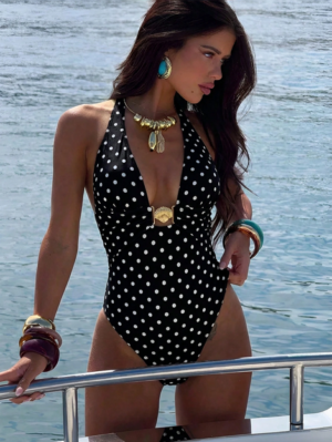 Bonvoyette Women's Deep V-Neck Backless One-Piece Swimsuit