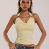 SHEIN BAE Women's Pale Yellow Textured Halter Neck Metal Decor Vacation Top
