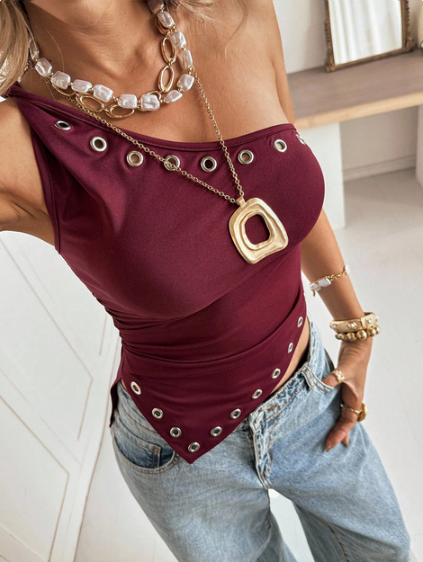 Siren Gaze Women's Wine Red Rivet Hollow One-Shoulder Top Sleeveless - Image 4
