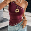 Siren Gaze Women's Wine Red Rivet Hollow One-Shoulder Top Sleeveless